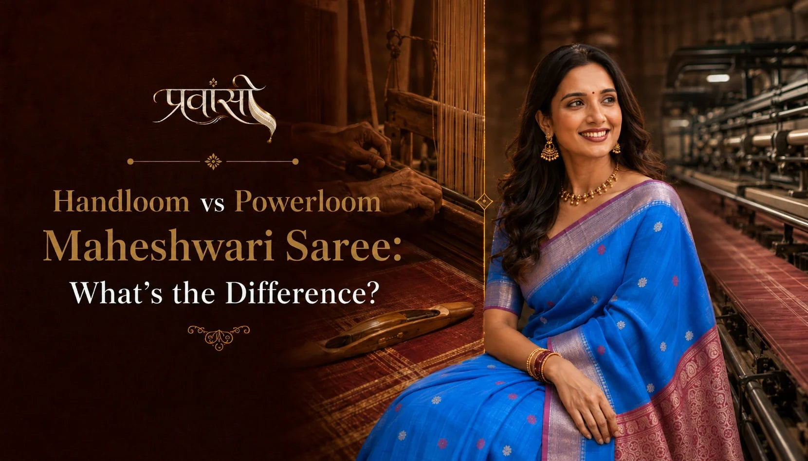 Handloom vs powerloom Maheshwari saree showing differences in weaving method, fabric, border, and zari