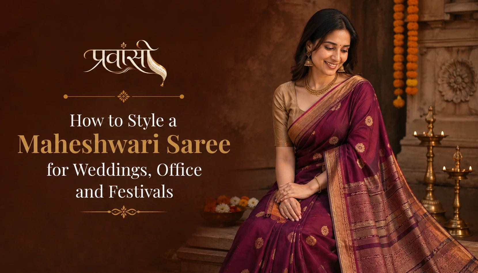 Maheshwari saree styled for weddings, office and festivals with blouse, jewellery and accessories
