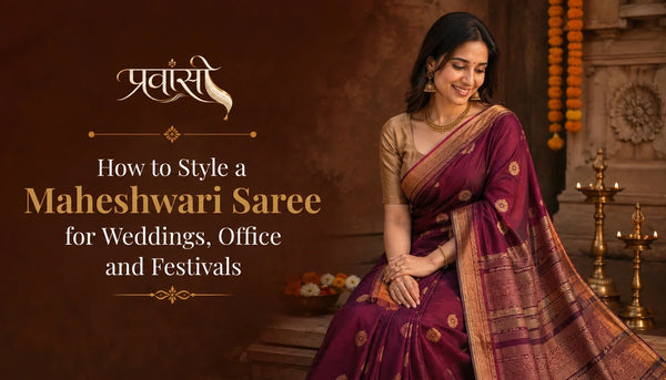 Maheshwari saree styled for weddings, office and festivals with blouse, jewellery and accessories