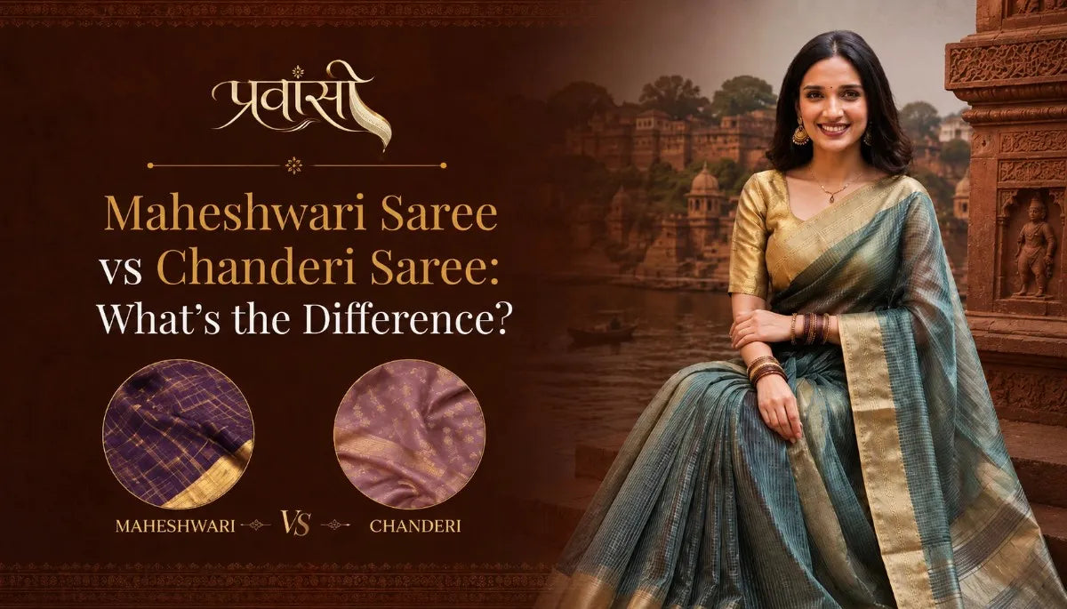 Maheshwari saree vs Chanderi saree showing differences in fabric, texture, border, and drape