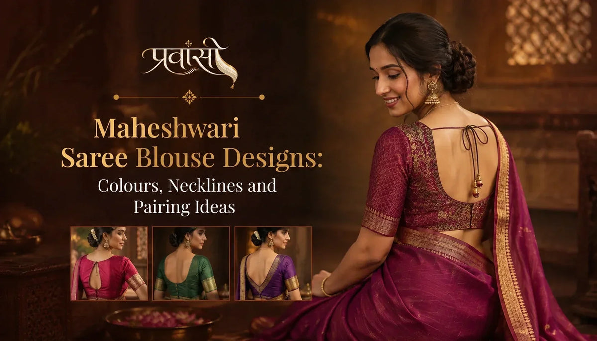 Woman in a magenta Maheshwari saree showing blouse back design with contrasting blouse style examples