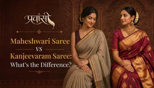 Maheshwari saree vs Kanjeevaram saree showing differences in fabric, border, zari, pallu, and drape