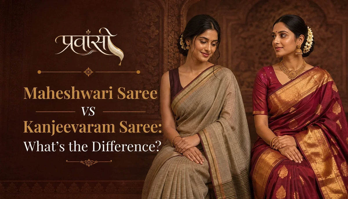 Maheshwari saree vs Kanjeevaram saree showing differences in fabric, border, zari, pallu, and drape