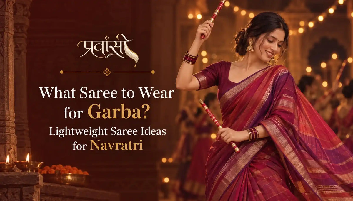 Lightweight Maheshwari saree for Garba with a comfortable drape, secure pleats and festive pallu details