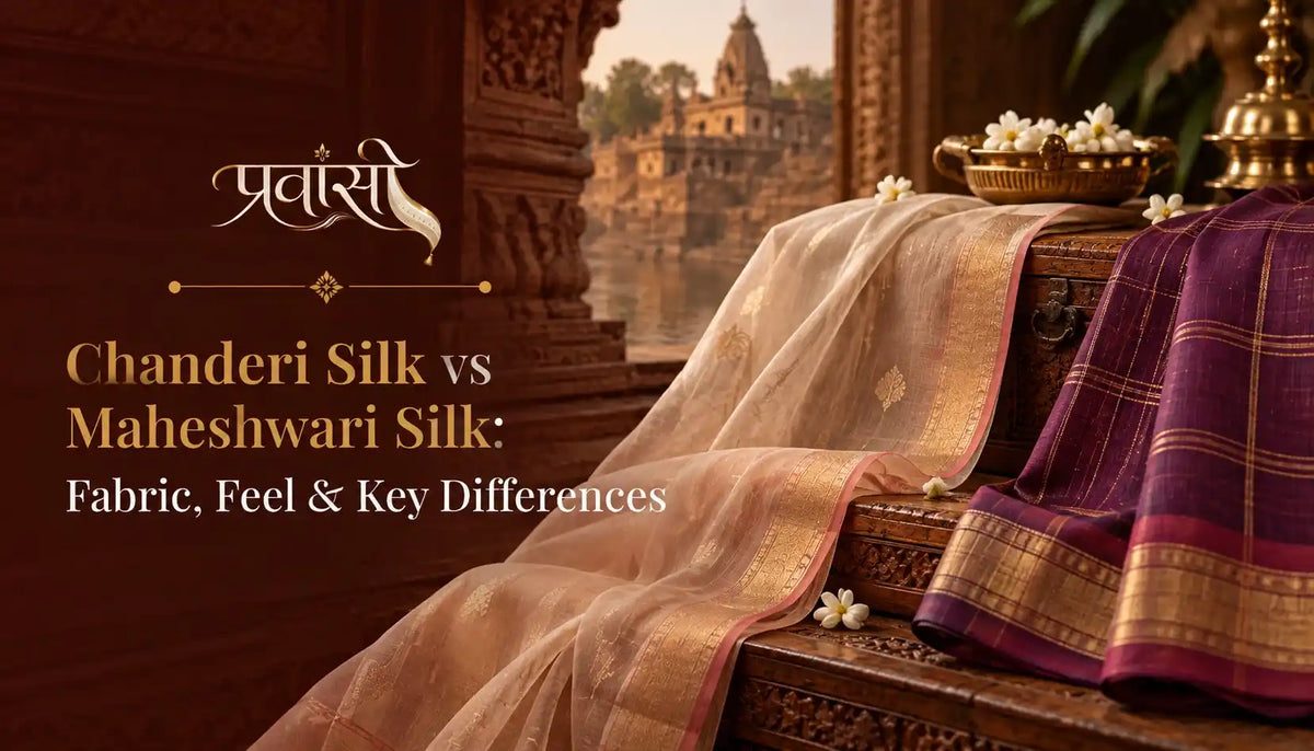 Featured Image Alt Text: Chanderi silk and Maheshwari silk sarees compared by texture, sheen, drape and woven details