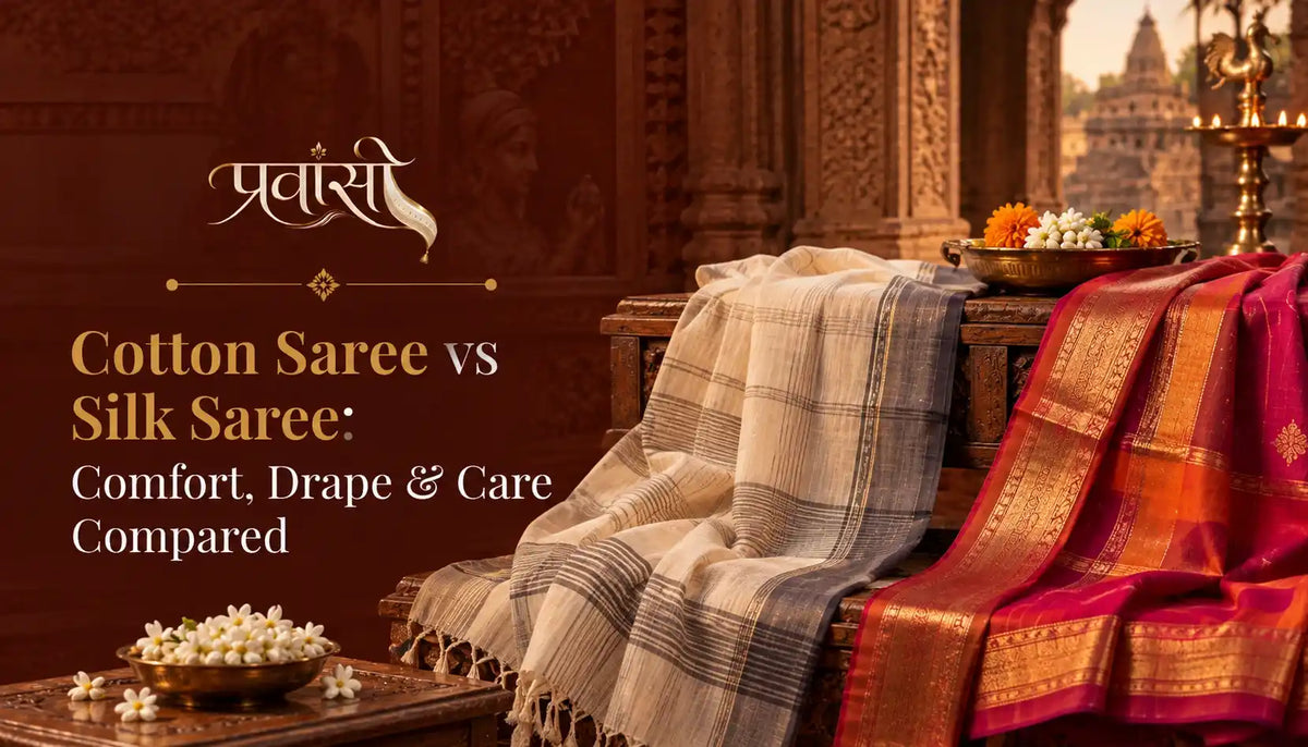 Cotton saree and silk saree side by side showing differences in fabric texture, sheen and drape