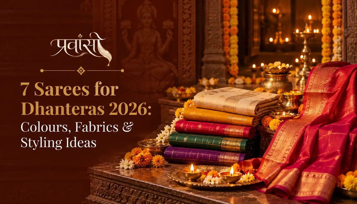 Eight Maheshwari sarees for Dhanteras 2026 in mustard, red, green, pink, ivory, maroon, orange and royal blue