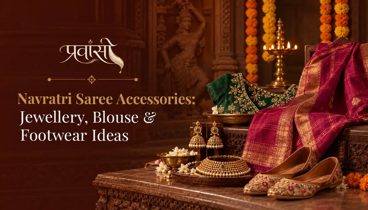 Navratri saree accessories with jewellery, blouse and footwear