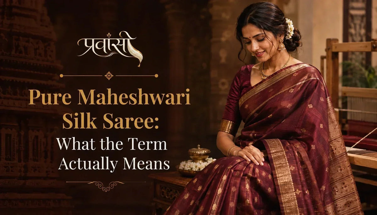 Pure Maheshwari silk saree showing silk fabric, zari border, woven details and decorative pallu
