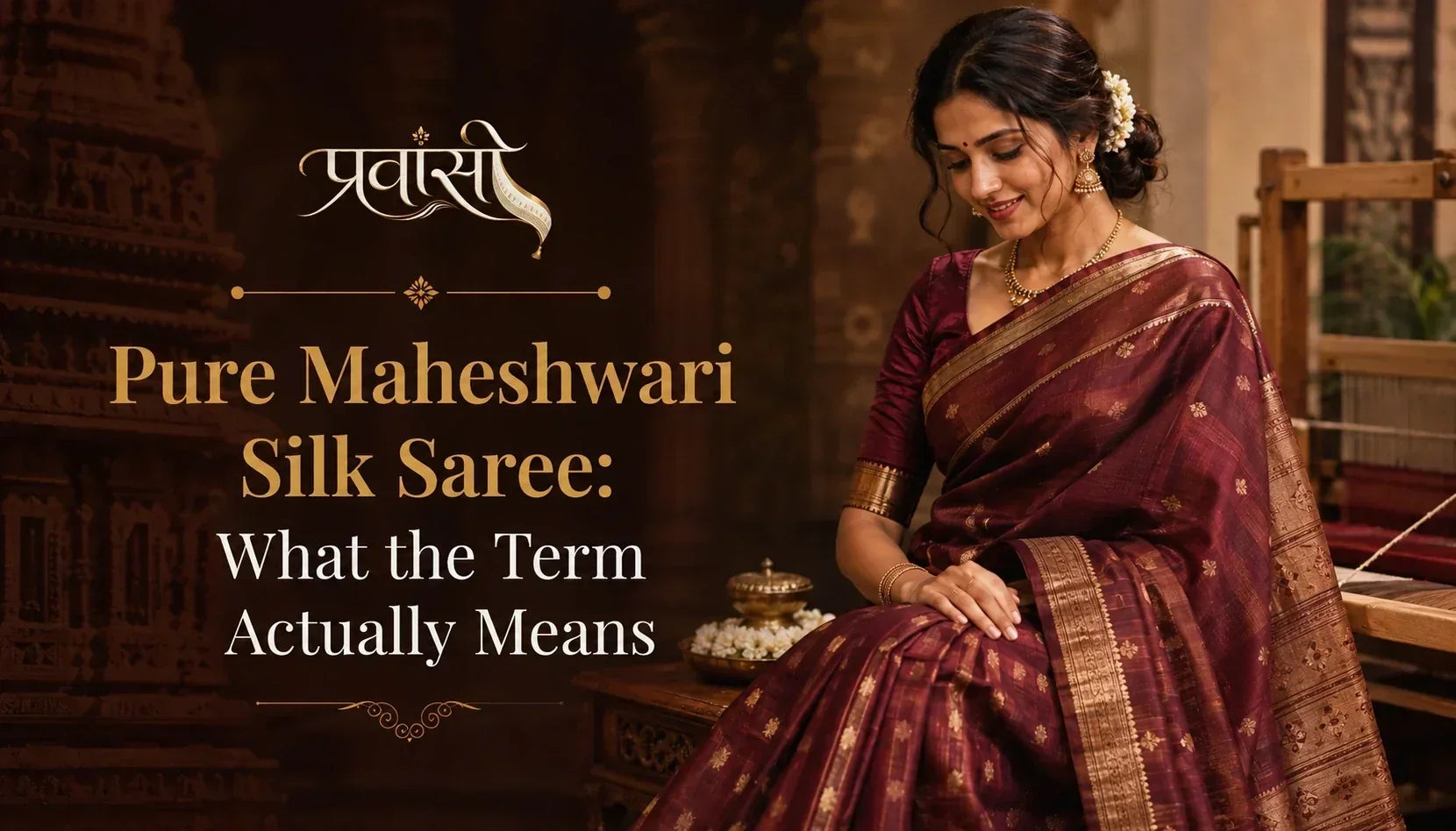 Pure Maheshwari silk saree showing silk fabric, zari border, woven details and decorative pallu