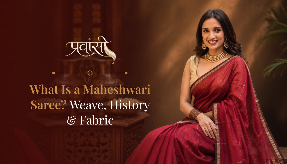 Woman wearing a red Maheshwari saree for guide to Maheshwari saree weave, history and fabric
