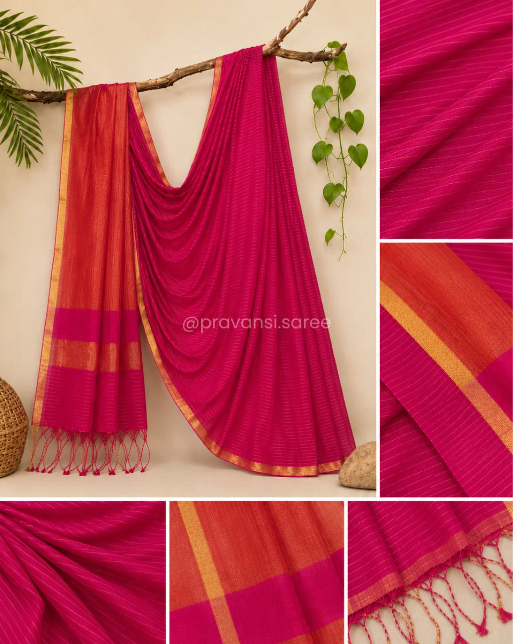 Rani Pink Maheshwari Saree with Zari Linings and Peach Pallu