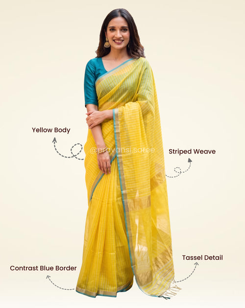 Maheshwari Pure Yellow Striped Saree