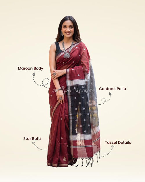 Maheshwari Semi Star Butti Maroon Saree