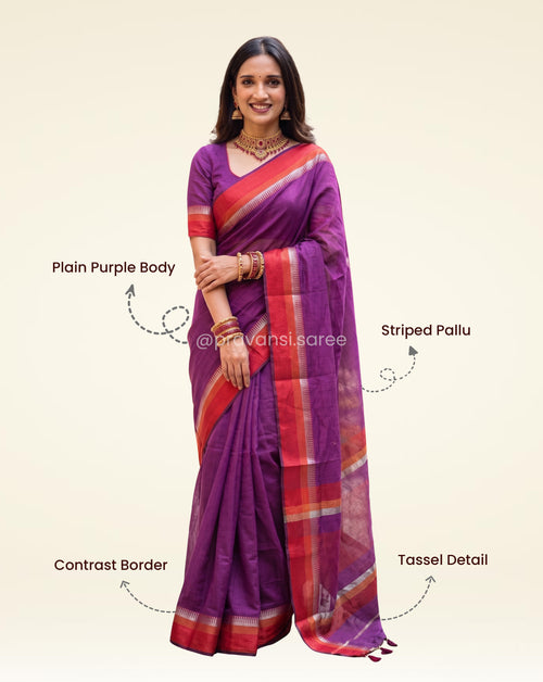 Maheshwari Semi Khel Border Purple Saree
