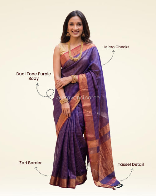 Dual-Tone Purple Maheshwari Saree with Zari Checks