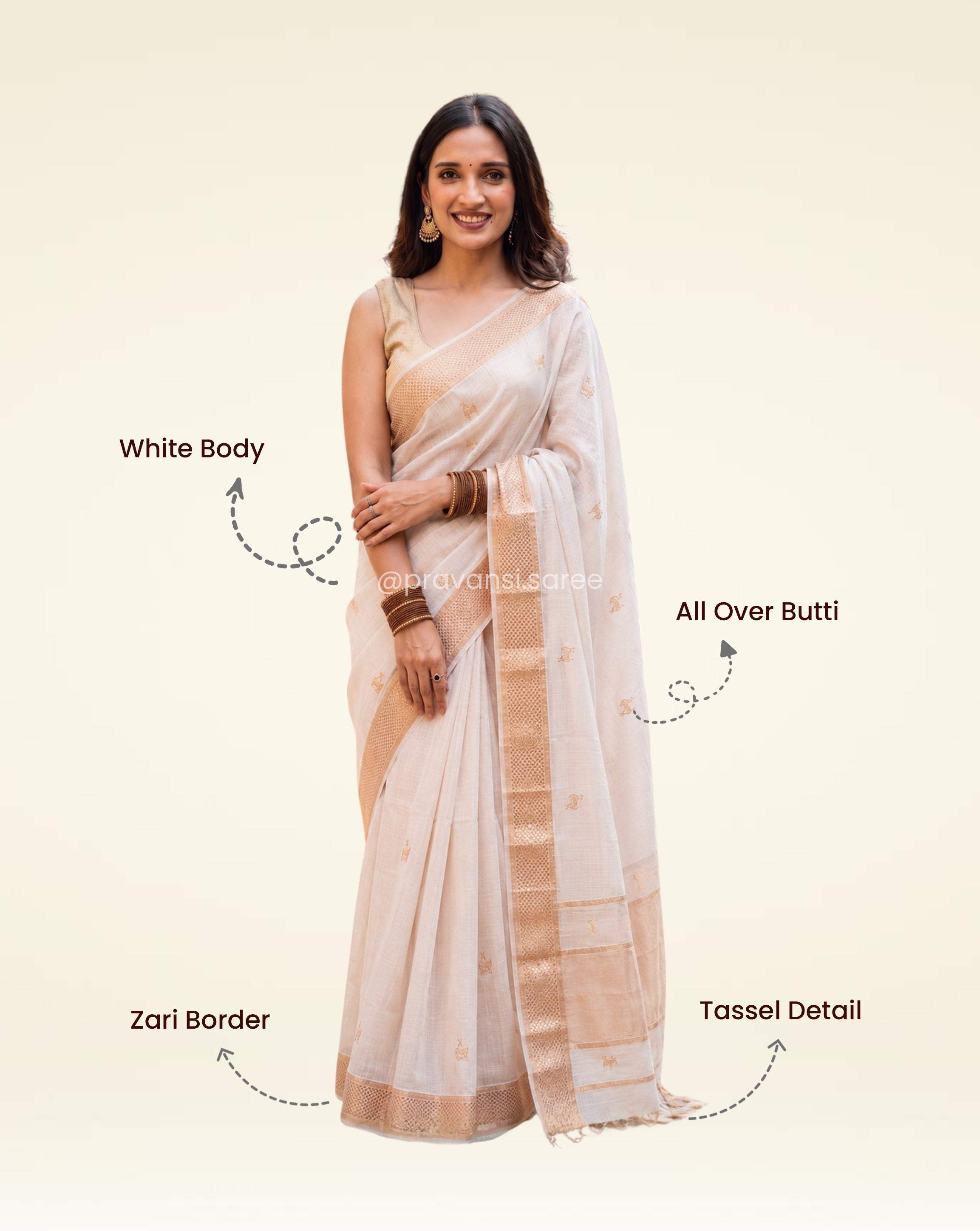 Pure Maheshwari Barasingha White Butti Saree