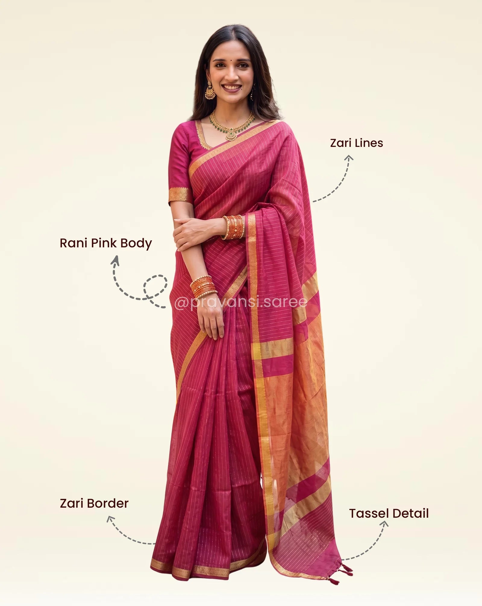 Rani Pink Maheshwari Saree with Zari Linings and Peach Pallu