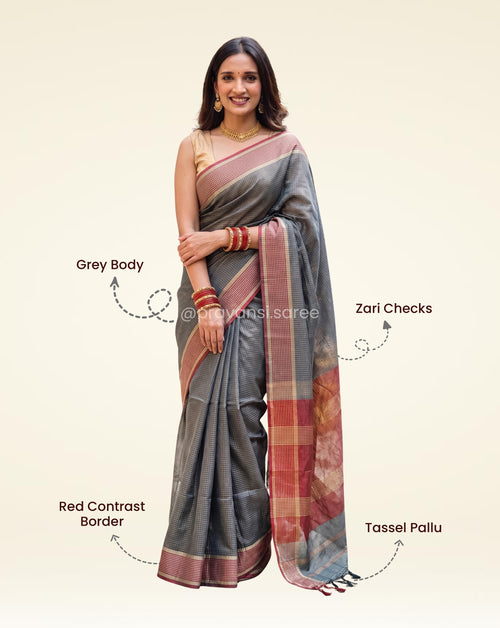 Grey Maheshwari Semi Zari Checks Saree with Red Border