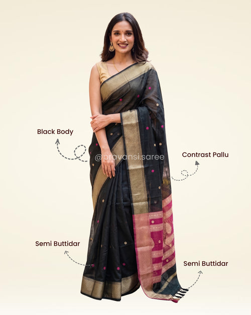 Maheshwari Semi Buttidar Black Saree
