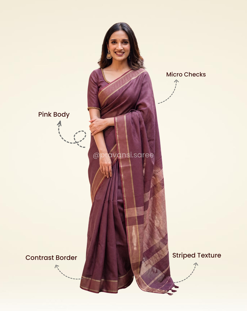 Semi Maheshwari Zari Checks Wine Saree