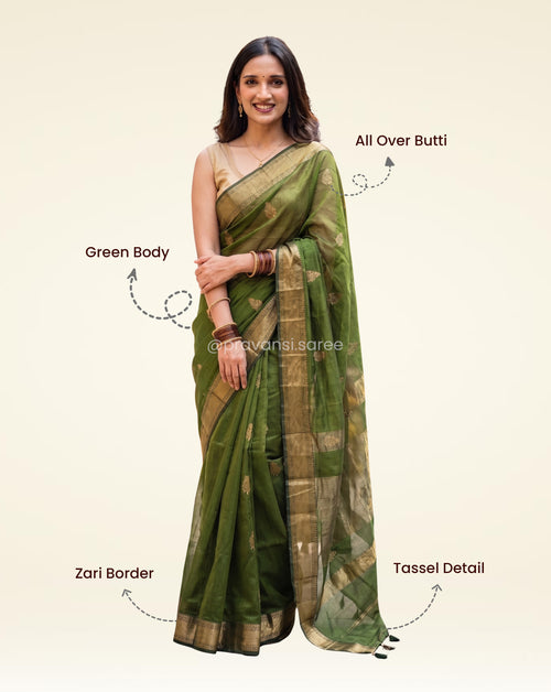 Green Maheshwari Flower Butta Saree