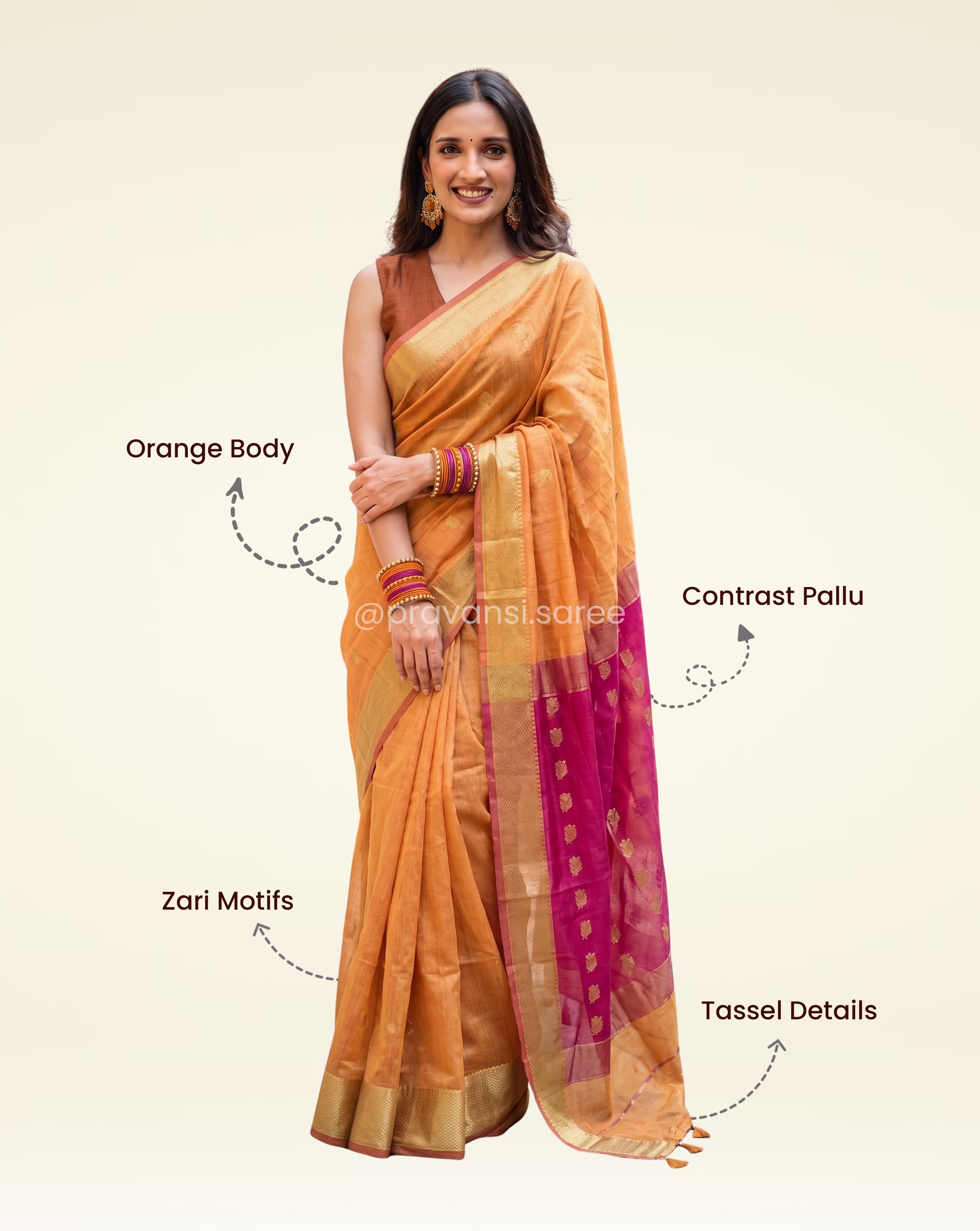 Semi Maheshwari Kari Butti Orange Saree