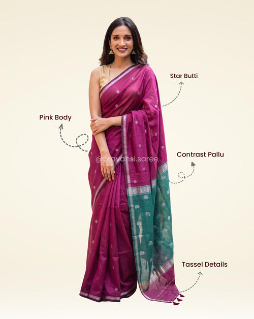 Magenta Semi Maheshwari Star Butti Saree with Teal Pallu