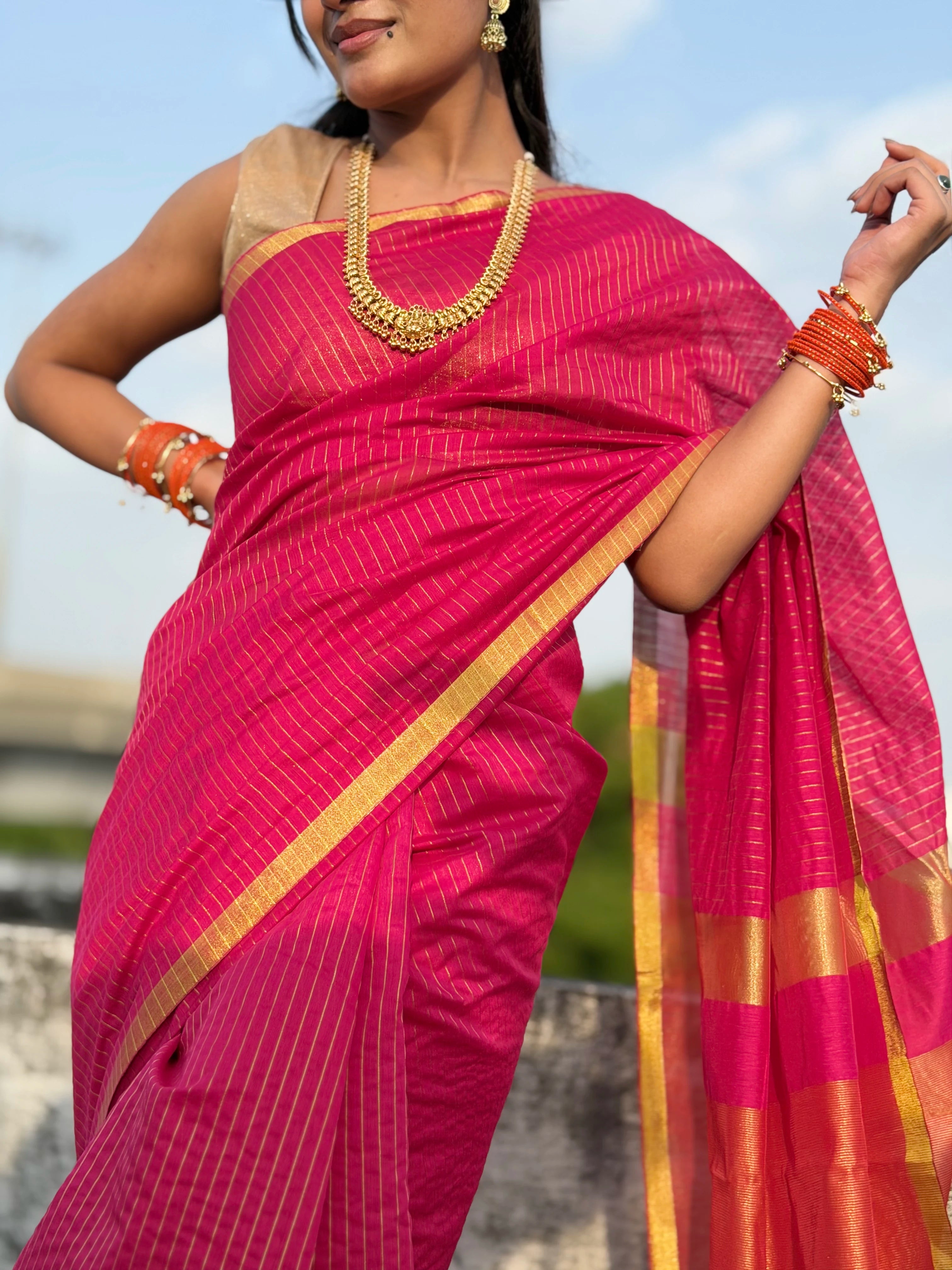 Rani Pink Maheshwari Saree with Zari Linings and Peach Pallu