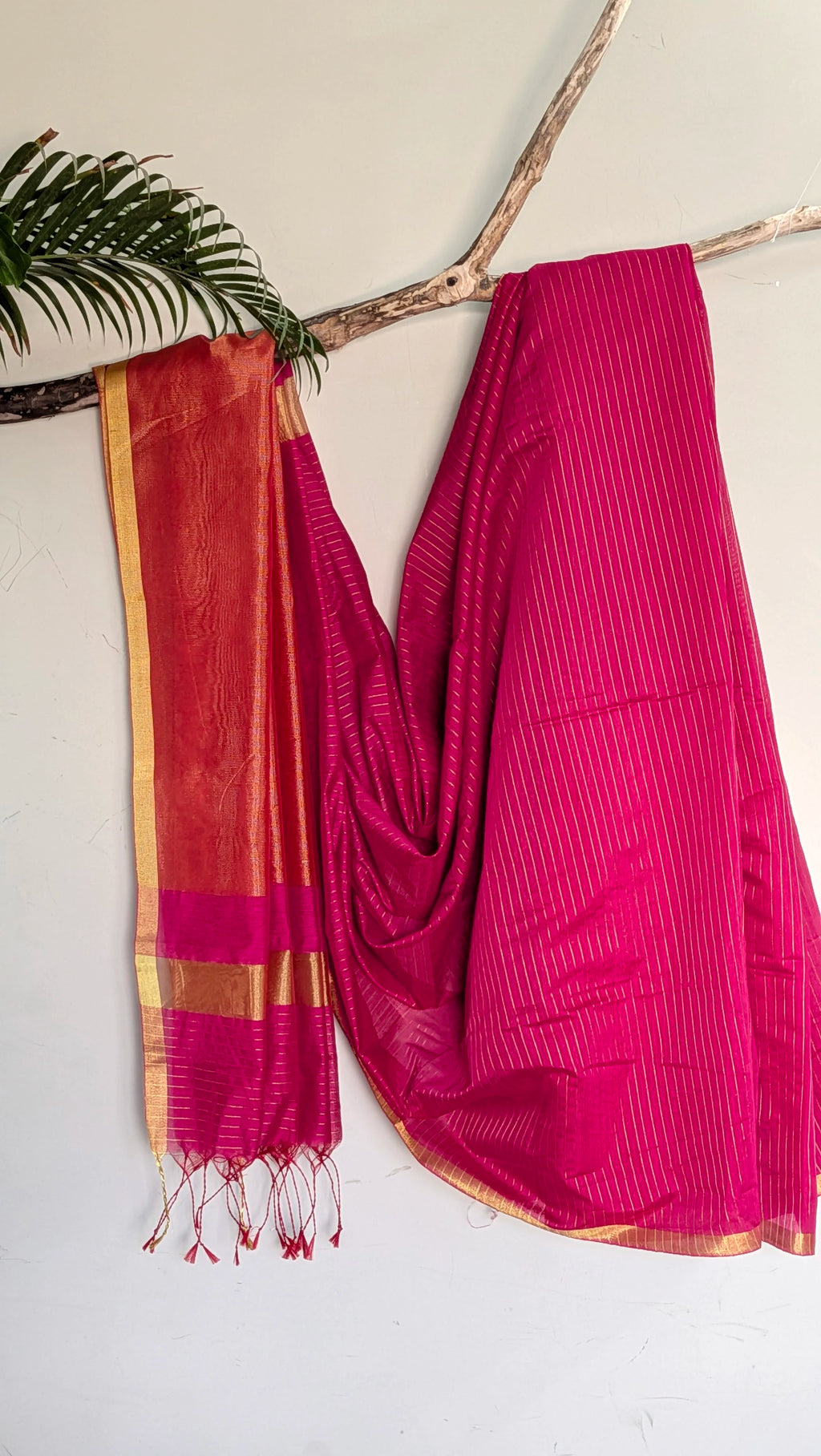 Rani Pink Maheshwari Saree with Zari Linings and Peach Pallu