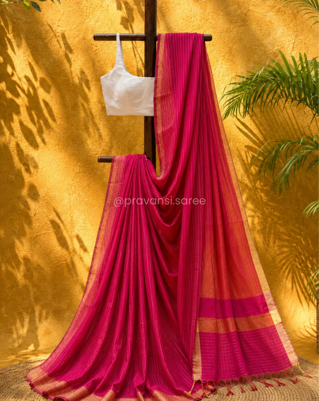 Rani Pink Maheshwari Saree with Zari Linings and Peach Pallu