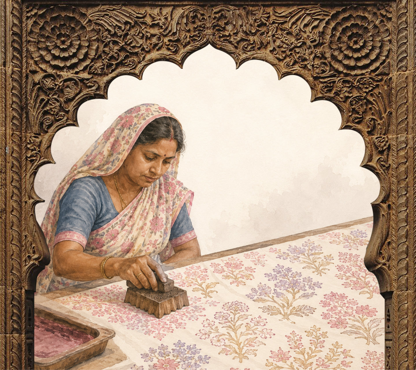 Artisan applying floral block prints to fabric by hand