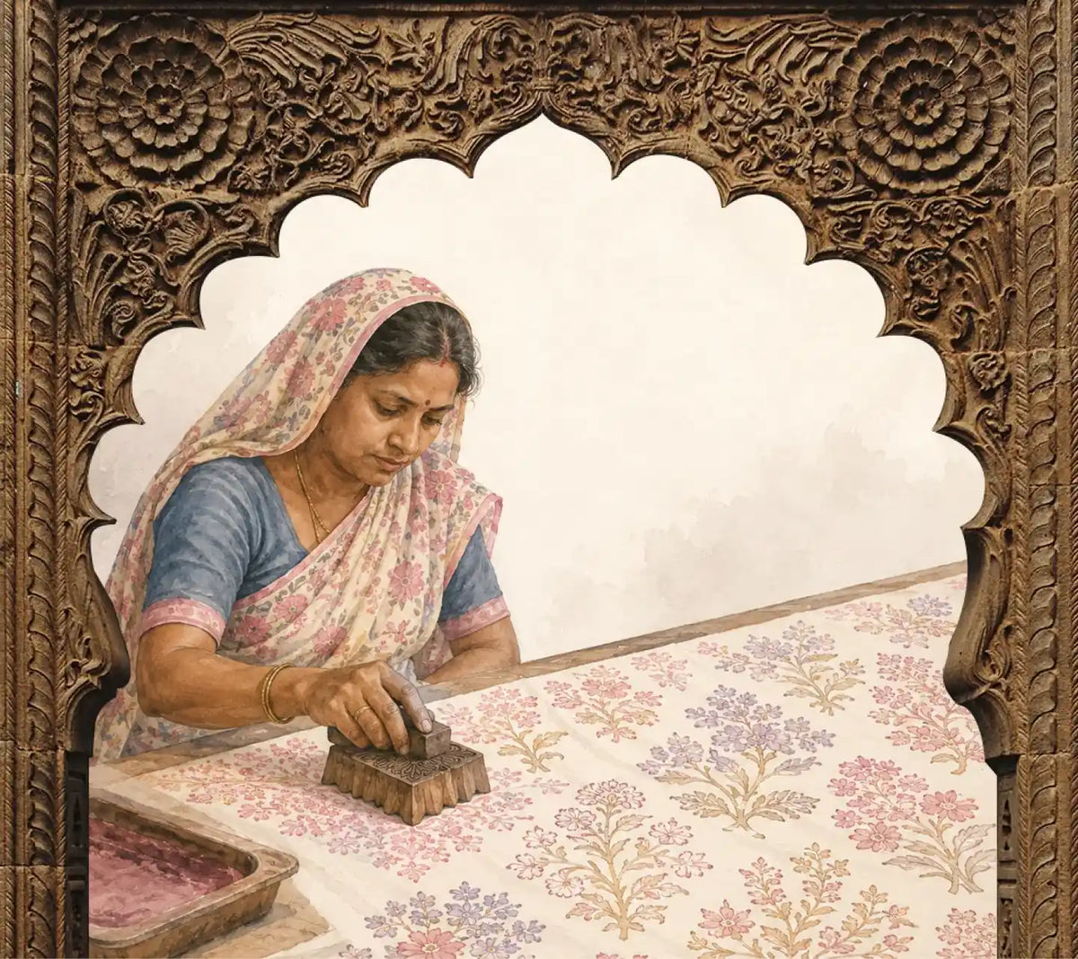 Artisan applying floral block prints to fabric by hand