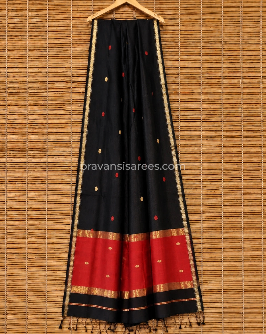 Full view of Black Silk by Cotton Maheshwari Buttidar Saree with Red Pallu