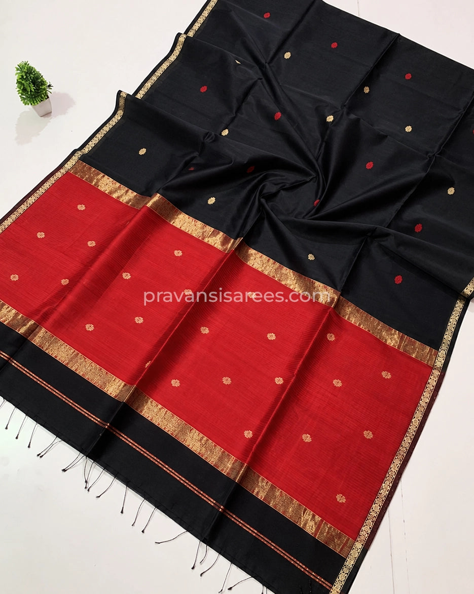 Open view of Black Silk by Cotton Maheshwari Buttidar Saree with Red Pallu