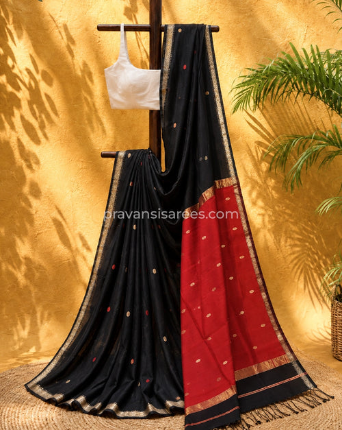 Black Silk by Cotton Maheshwari Buttidar Saree with Red Pallu
