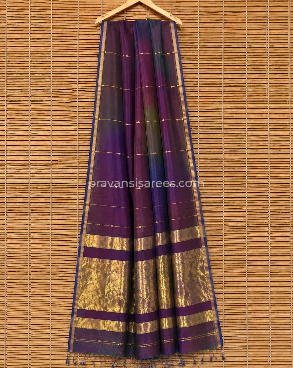 Full view of Deep Purple Silk by Cotton Maheshwari Buttidar Saree with Blue Border