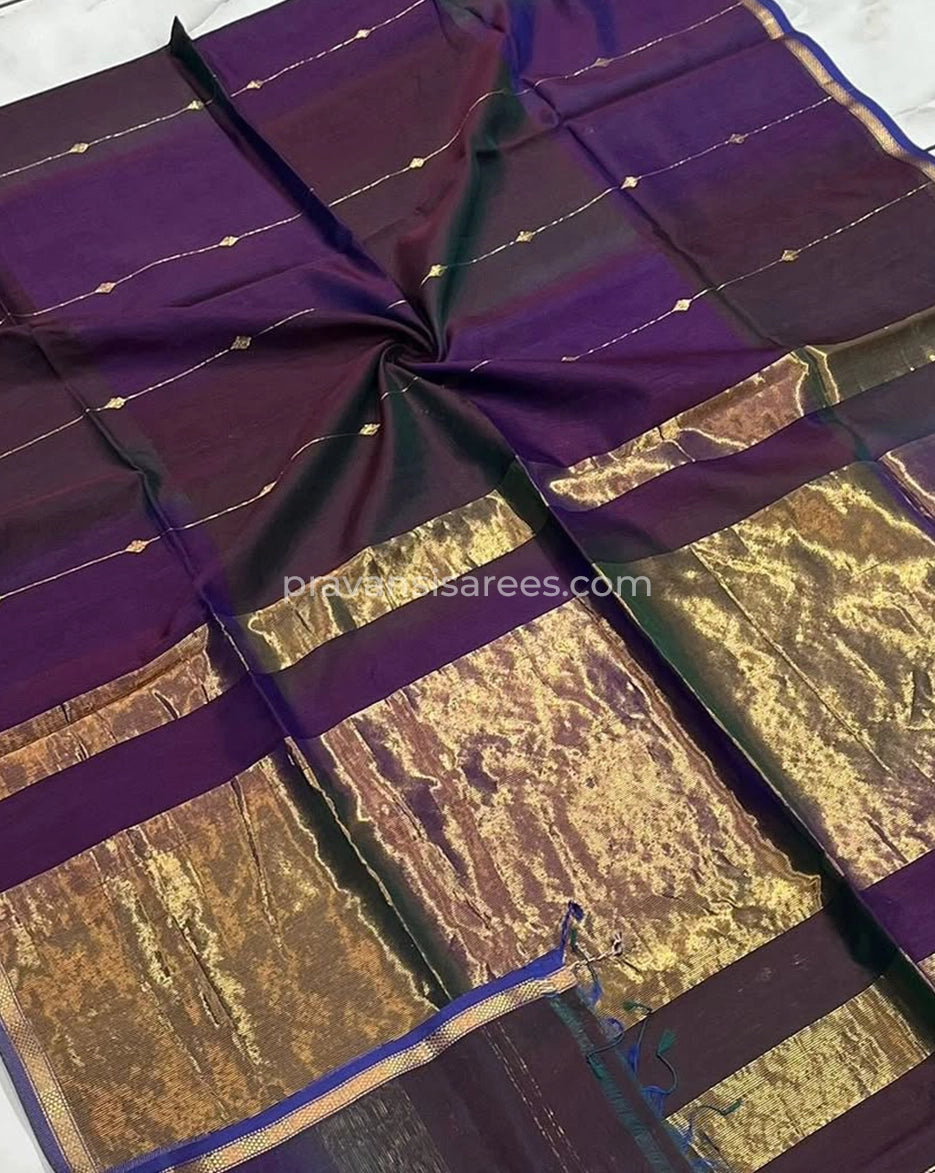 Open view of Deep Purple Silk by Cotton Maheshwari Buttidar Saree with Blue Border