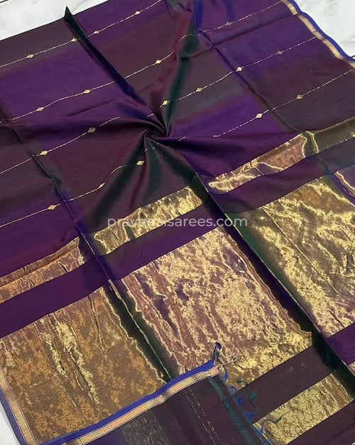 Open view of Deep Purple Silk by Cotton Maheshwari Buttidar Saree with Blue Border