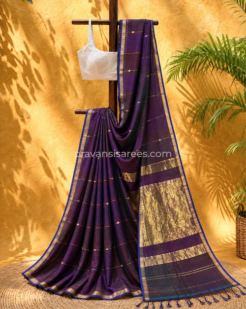Deep Purple Silk by Cotton Maheshwari Buttidar Saree with Blue Border