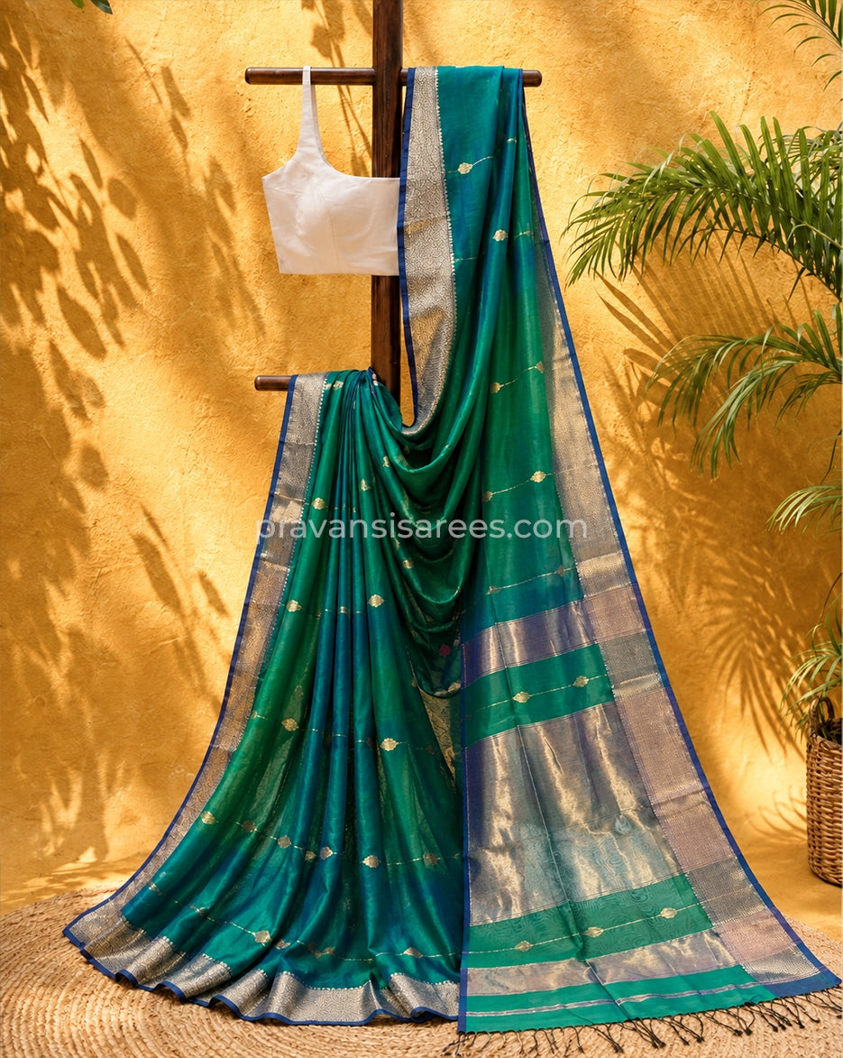 Emerald Green Shaded Silk by Cotton Maheshwari Buttidar Saree