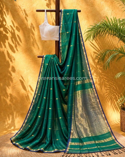 Emerald Green Silk by Cotton Maheshwari Buttidar Saree with Blue Border