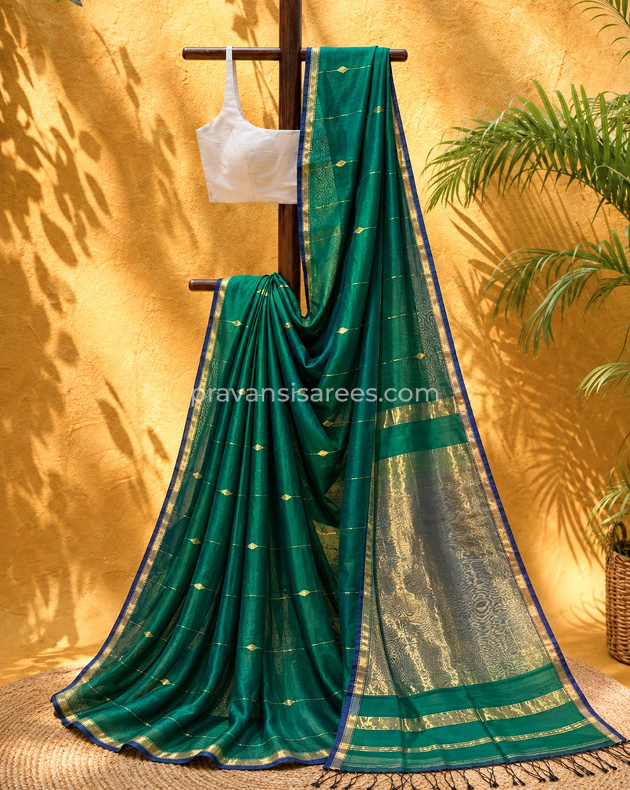 Emerald Green Silk by Cotton Maheshwari Buttidar Saree with Blue Border