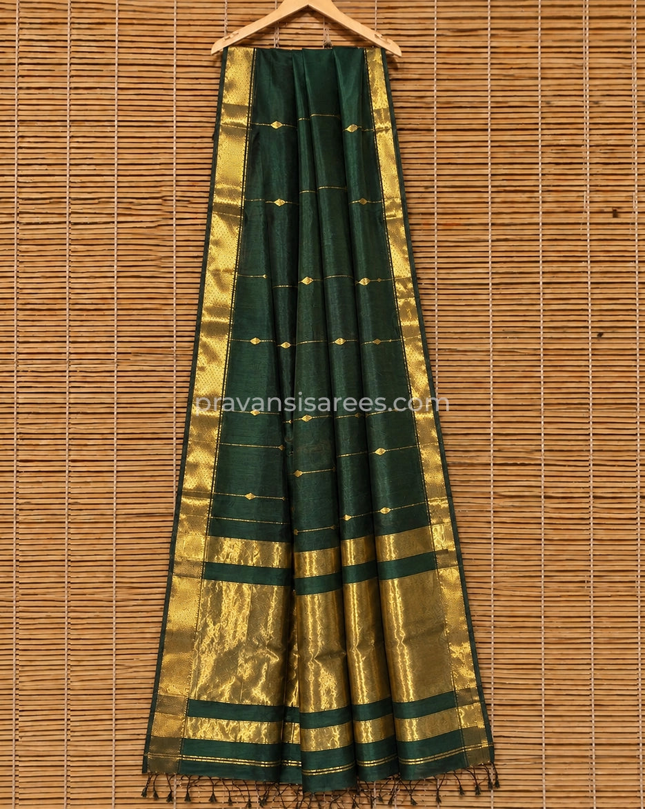 Full view of Forest Green Silk by Cotton Maheshwari Buttidar Saree