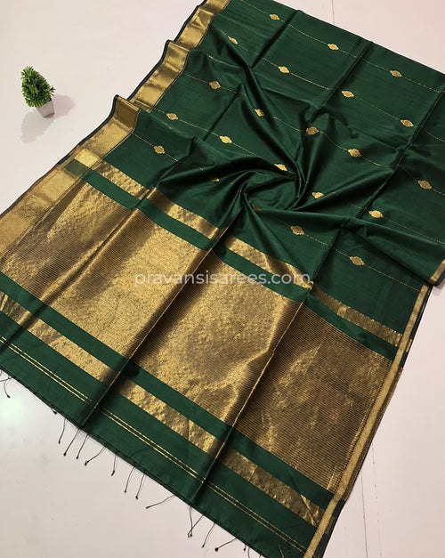 Open view of Forest Green Silk by Cotton Maheshwari Buttidar Saree