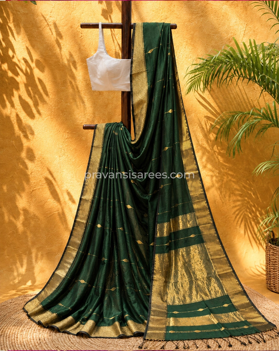 Forest Green Silk by Cotton Maheshwari Buttidar Saree