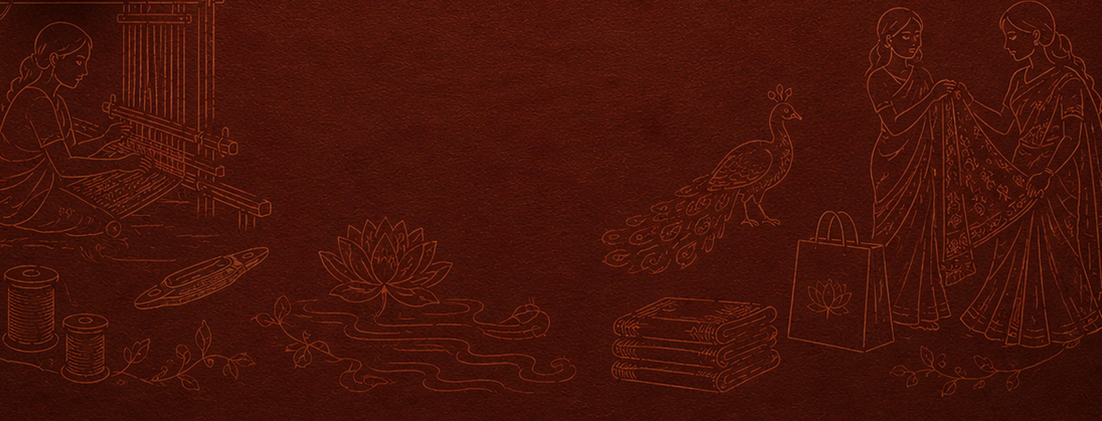 Illustration of handloom weaving, folded sarees, lotus and women selecting sarees