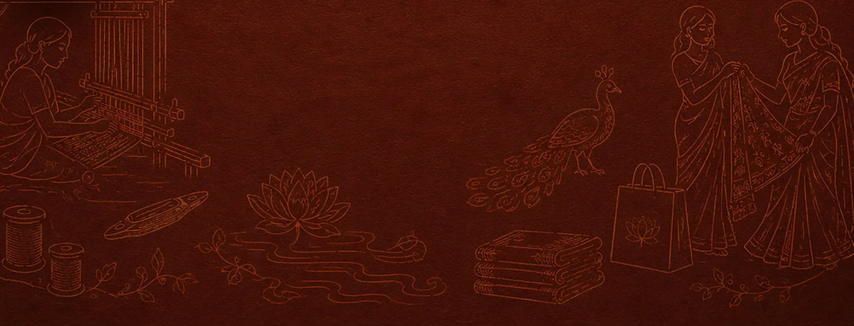Illustration of handloom weaving, folded sarees, lotus and women selecting sarees