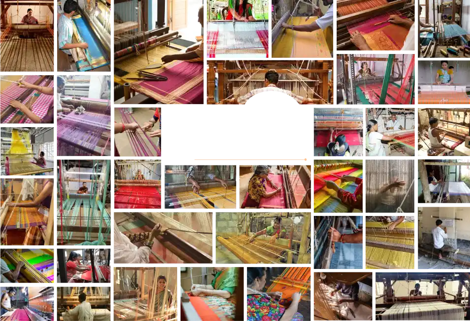 Handloom artisans weaving colourful sarees on traditional looms