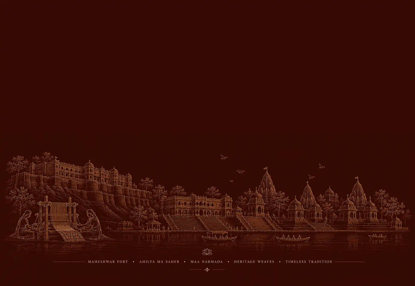 Maheshwar heritage illustration featuring fort, temples, Narmada river and handloom weaving